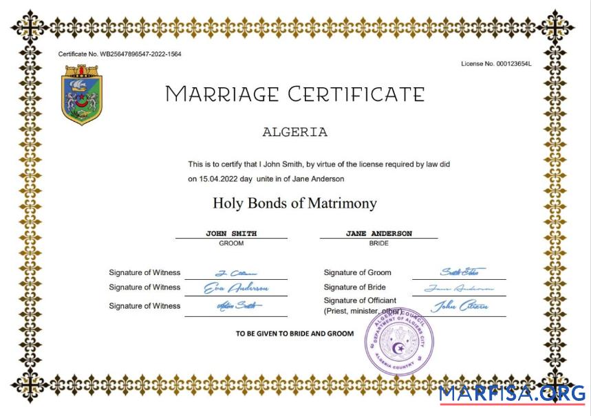 Realistic Algeria marriage certificate Word and PDF template
